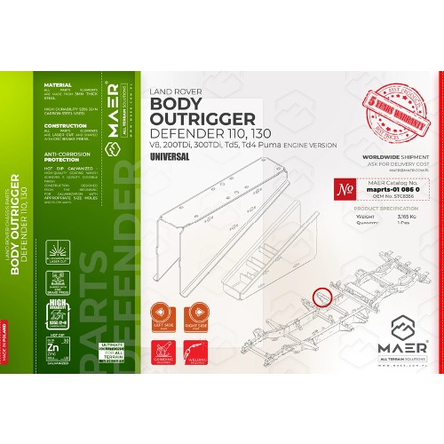 maprts-010860 MAER Body Outrigger for Defender 110 / 130 2/300 Tdi / V8 / Td5 / Tdci Puma