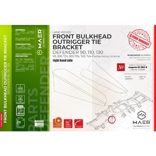 maprts-01083R MAER Front Bulkhead Outrigger Tie Bracket Right for Defender 90 / 110 / 130 / V8 / 2/300 Tdi / Td5 / Tdci Puma