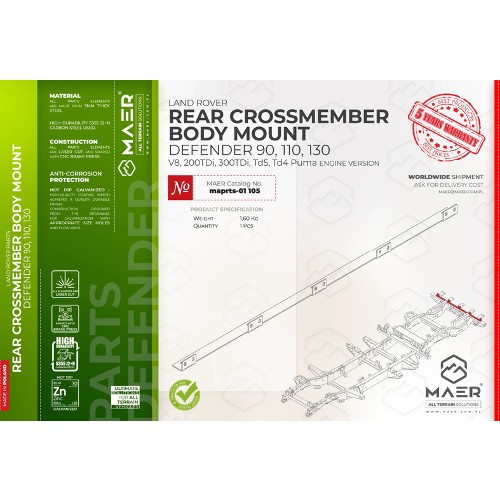 maprts-01105 MAER Rear Crossmember Body Mount for Defender 90 / 110 / 130 / V8 / 2/300 Tdi / Td5 / Tdci Puma