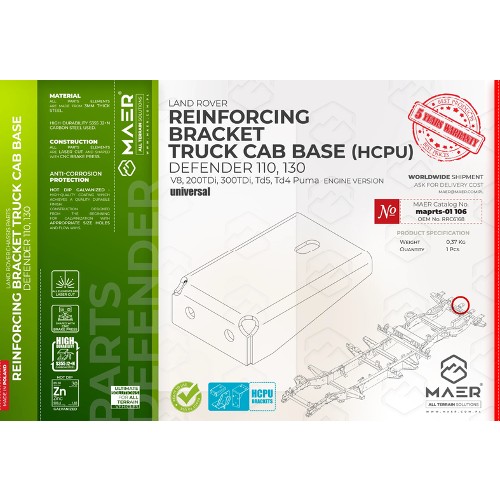 maprts-01106 MAER Reinforcing Bracket Truck Cab Base for Defender 110 / 130 HCPU / V8 / 2/300 Tdi / Td5 / Tdci Puma
