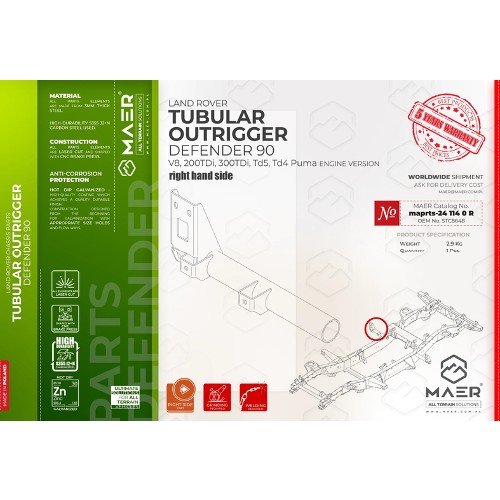 maprts-241140R MAER Tubular Outrigger Right for Defender 90 V8 / 2/300 Tdi / Td5 / Tdci Puma